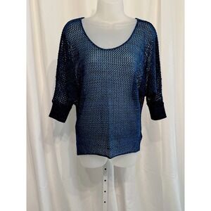 August Silk Blue Shimmer knit sweater batwing short sleeve Size M NWT
